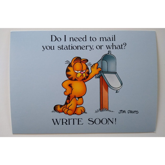 Garfield Cat Postcard Write Soon Mailbox Jim Davis Unused Vintage Continental - Picture 1 of 2